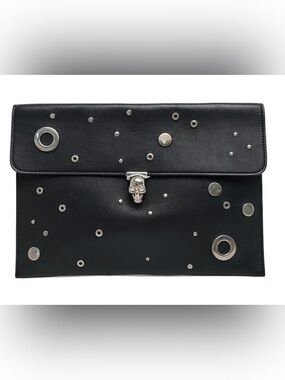Alexander McQueen Black Leather Skull-Closure Studded Clutch